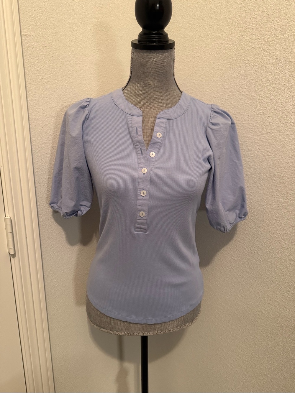 Nine West Pale Blue Puff Sleeve Henley Button-Front Top